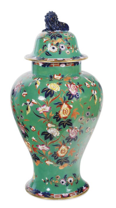 A LARGE ENGLISH IRONSTONE GREEN-GROUND VASE AND COVER,