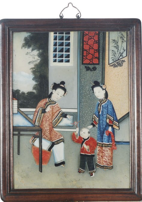 TWO FRAMED CHINESE REVERSE PAINTED GLASS PANELS,
