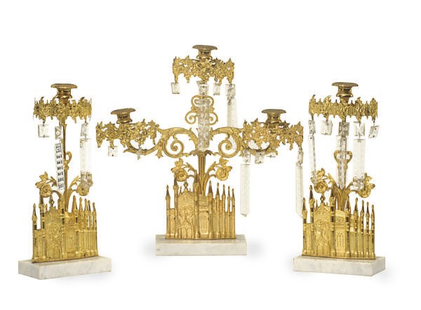 AN AMERICAN GILT-METAL, CUT-GLASS AND MARBLE GARNITURE,