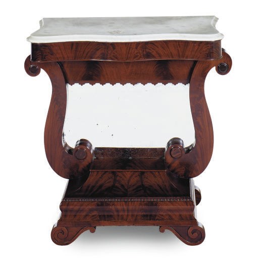 AN AMERICAN EMPIRE MAHOGANY AND MARBLE TOP PIER TABLE,