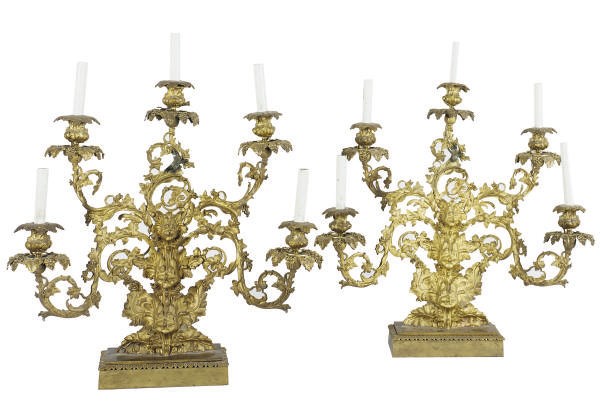 A PAIR OF GILT-BRONZE FIVE-LIGHT CANDELABRA,