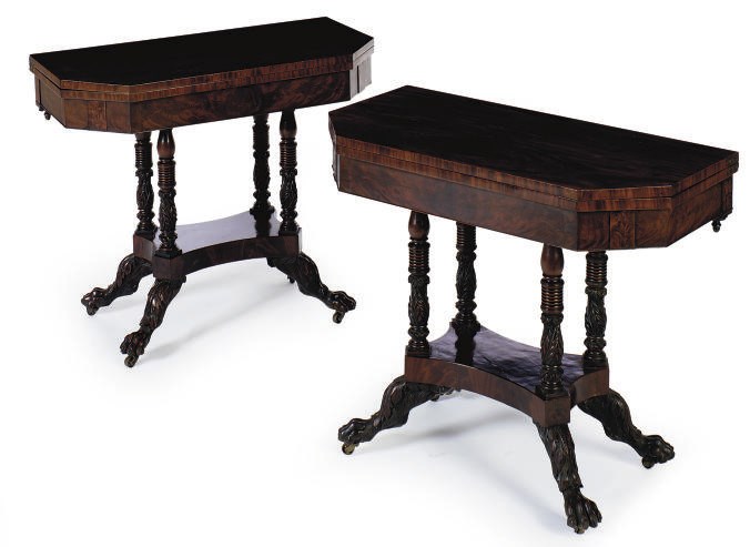 A PAIR OF AMERICAN LATE CLASSICAL MAHOGANY FOLD-TOP CARD TABLES,