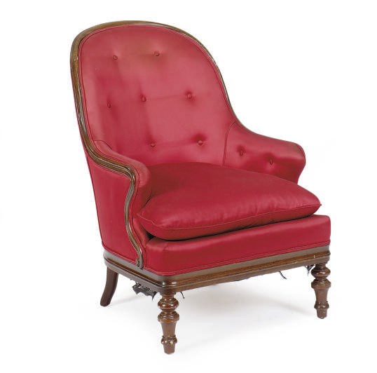 A VICTORIAN MAHOGANY BUTTON-TUFFTED BERGERE,