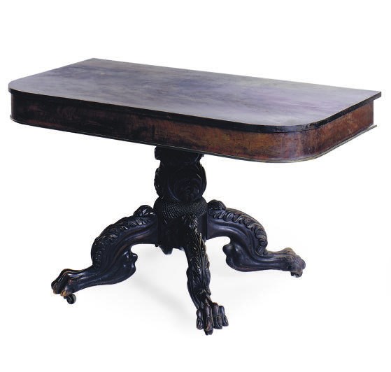 AN AMERICAN CLASSICAL MAHOGANY PEDESTAL D-FORM SIDE TABLE,