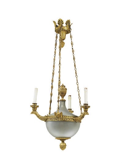 A RUSSIAN ORMOLU AND FROSTED GLASS THREE-LIGHT CHANDELIER,