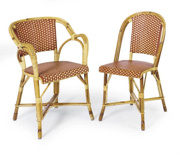 A SET OF EIGHT WOVEN WICKER AND BAMBOO 'BISTRO' CHAIRS,
