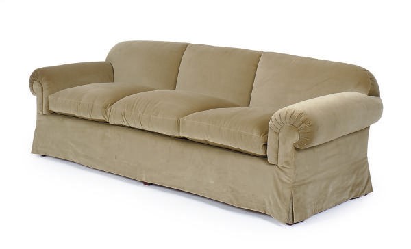 A VELVET UPHOLSTERED THREE-SEAT SOFA,