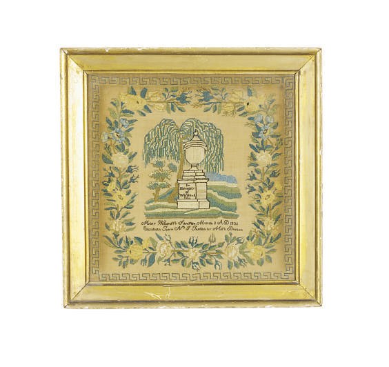 A SILK ON LINEN MOURNING NEEDLEWORK,