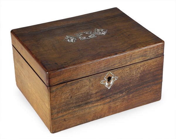 A VICTORIAN ROSEWOOD AND MOTHER-OF-PEARL INLAID JEWELRY BOX**,