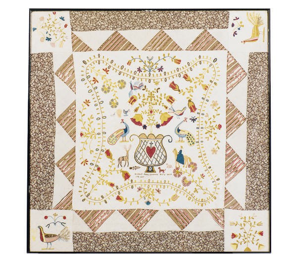 A SILK NEEDLEWORK PIECED AND APPLIQUED QUILT COVERLET,