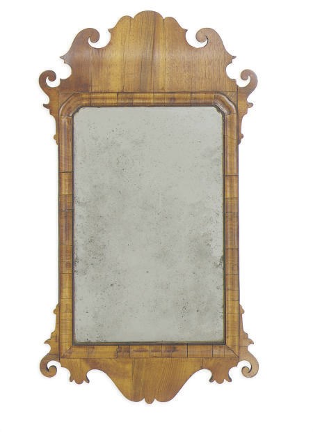 A GEORGE II WALNUT LOOKING GLASS,