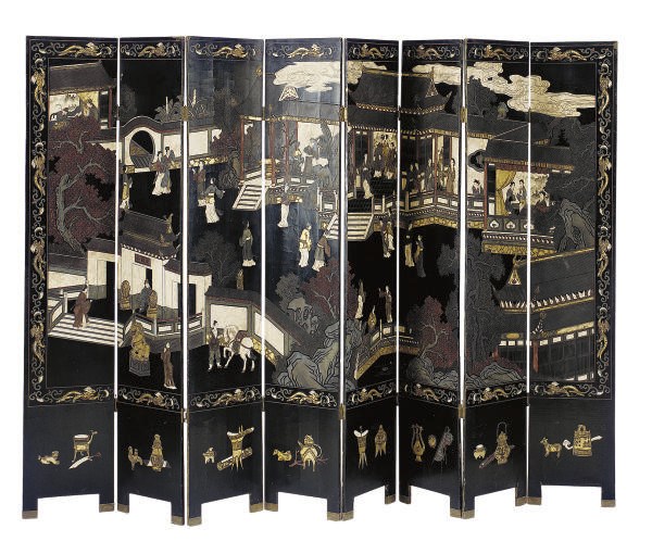 A CHINESE POLYCHROME DECORATED BLACK LACQUERED FOUR PANEL SCREEN,