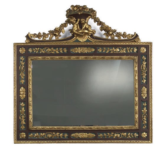 AN ENGLISH POLYCHROME PAINTED AND PARCEL GILT DECORATED WALL MIRROR,