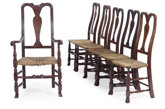 AN ASSEMBLED SET OF SIX AMERICAN QUEEN ANNE TURNED MAPLE AND ASH CHAIRS,