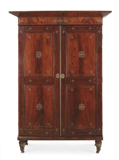 A CLASSICAL MAHOGANY AND BRASS-INLAID WARDROBE,