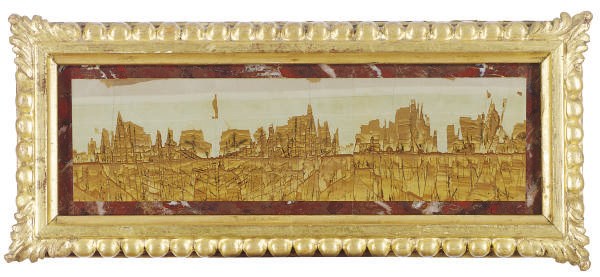 A FRAMED PIETRA PAESINA AND ROUGE MARBLE PLAQUE,