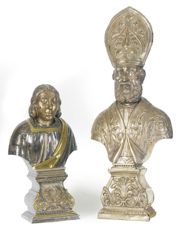 A SPANISH COLONIAL SILVERED METAL FIGURE OF A BISHOP,