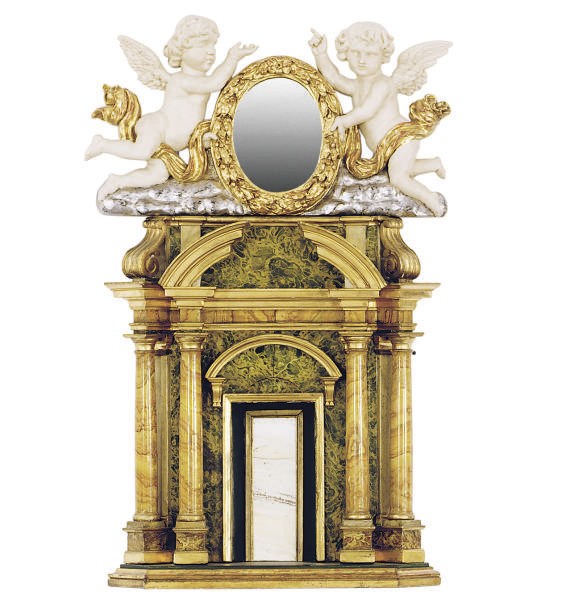 AN ITALIAN PAINTED, PARCEL-GILT AND FAUX MARBLE FIGURAL MIRROR,
