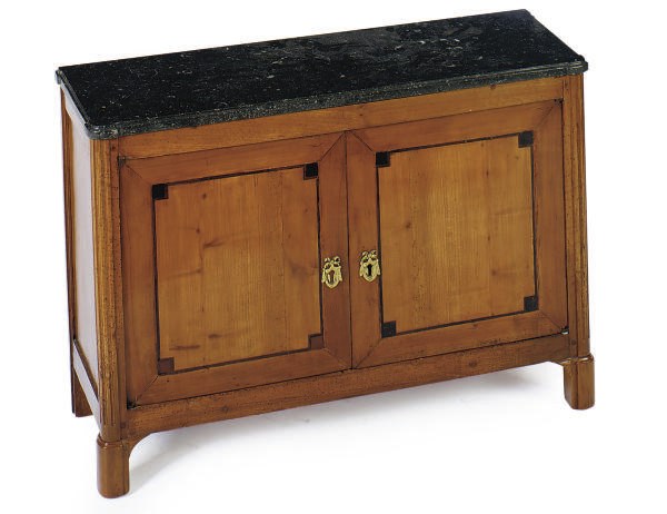 A FRENCH INLAID FRUITWOOD AND FOSSIL MARBLE TOP LOW SIDE CABINET,