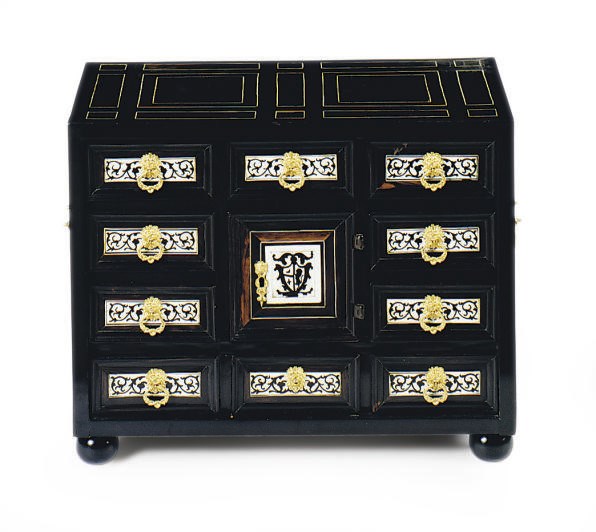 A CONTINENTAL ORMOLU-MOUNTED AND INLAID IVORY ROSEWOOD AND EBONY TABLE CURIO CABINET**,