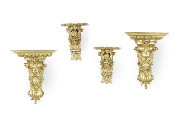 TWO PAIRS OF GILTWOOD FIGURAL WALL BRACKETS,