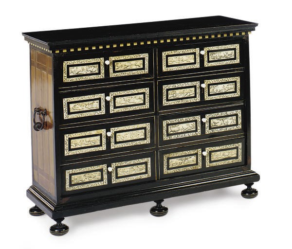 AN ITALIAN WALNUT, EBONY, IVORY AND PART-EBONIZED TABLE CABINET**,