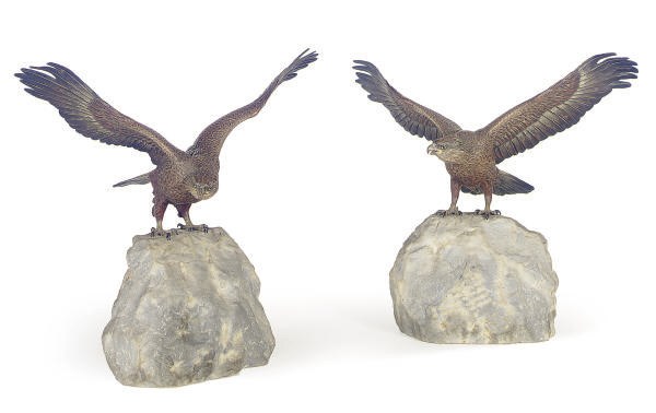 A PAIR OF AUSTRIAN COLD PAINTED BRONZE FIGURES OF EAGLES,