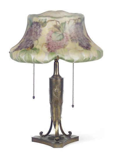 A REVERSE PAINTED AND GILT-METAL TABLE LAMP,