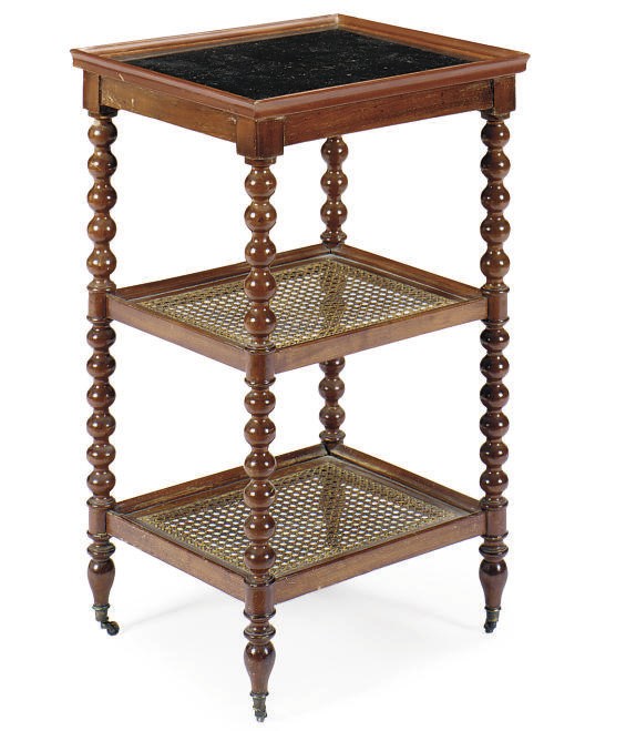 A FRENCH MAHOGANY, CANED AND FOSSIL MARBLE-TOP SIDE TABLE,