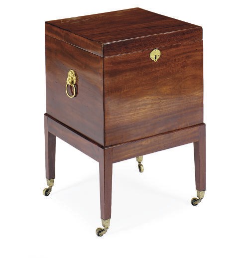 A GEORGE III MAHOGANY CELLARETTE ON STAND,
