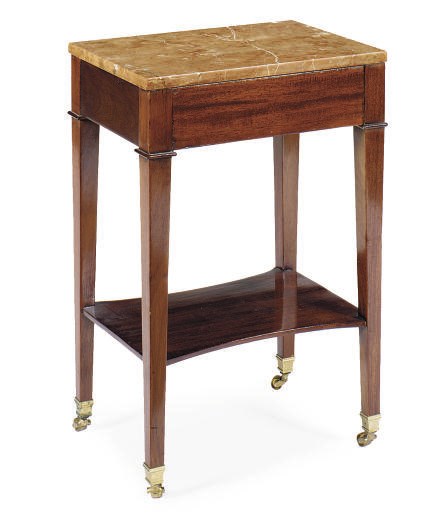 A MAHOGANY AND MARBLE-TOP SIDE TABLE,
