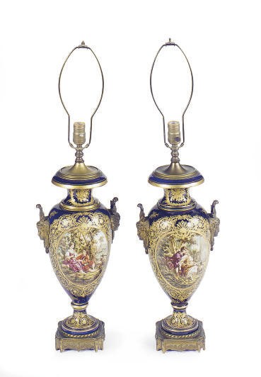 A PAIR OF GILT-METAL MOUNTED SEVRES STYLE COBALT BLUE BALUSTER-FORM VASES MOUNTED AS LAMPS,