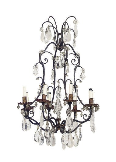 A WROUGHT IRON, ROCK CRYSTAL AND CUT-GLASS EIGHT-LIGHT CHANDELIER,