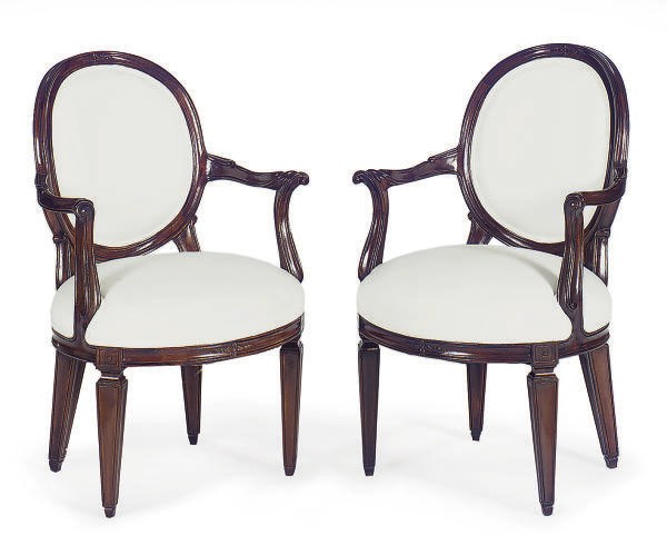 A PAIR OF STAINED MAHOGANY OPEN ARMCHAIRS,