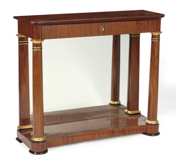 A CONTINENTAL MAHOGANY, PARCEL-GILT AND MIRRORED CONSOLE TABLE,