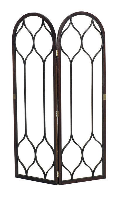 A VICTORIAN GOTHIC REVIVAL MAHOGANY AND GLASS TWO-PANEL DRAFT SCREEN,