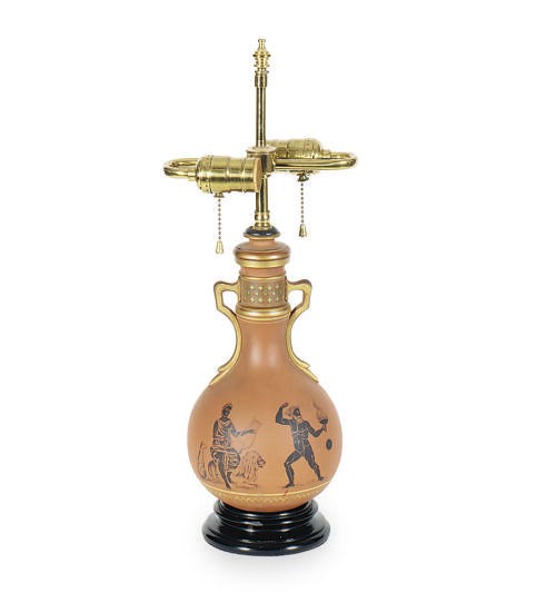 A GREEK REVIVAL RED AND BLACK DECORATED VASE MOUNTED AS A LAMP,