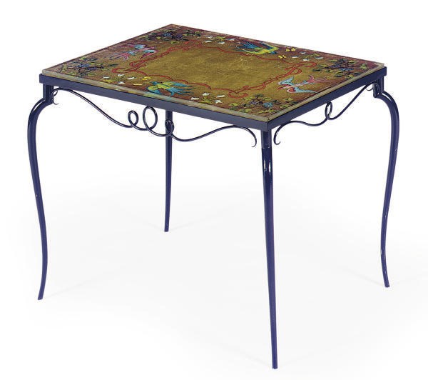 AN ENAMELED METAL, GLASS AND PAINT-DECORATED SIDE TABLE,