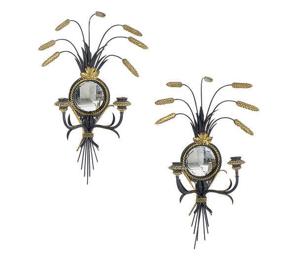 A PAIR OF ENAMELED METAL AND PARCEL-GILT TWO-LIGHT GIRANDOLE CONVEX MIRRORS,