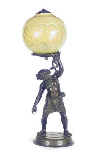 A PATINATED-METAL AND IRIDESCENT GLASS FIGURAL TABLE LAMP,