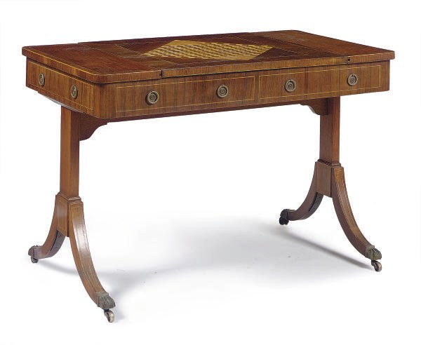 AN EDWARDIAN MAHOGANY, WALNUT AND PARQUETRY GAMES TABLE,