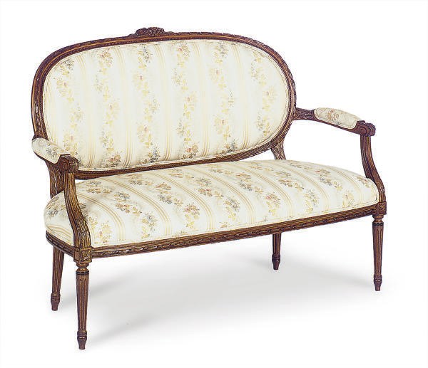A PAIR OF FRUITWOOD AND UPHOLSTERED SETTEES,