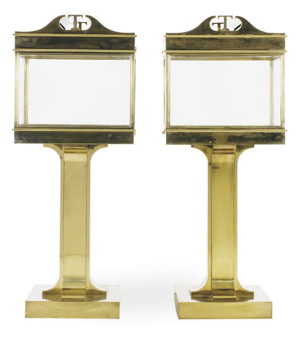 A PAIR OF BRASS, STEEL AND GLASS DISPLAY CASES,