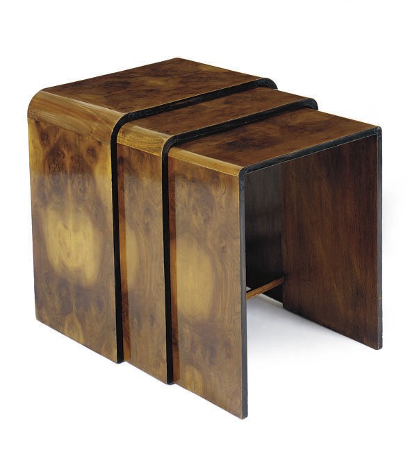 A NEST OF THREE FRENCH WALNUT STACKING TABLES,