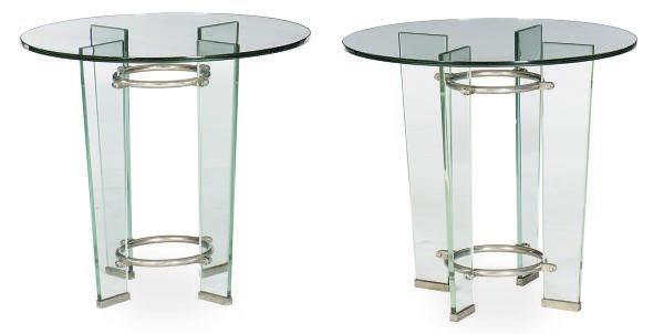A PAIR OF GLASS AND CHROMED METAL SIDE TABLES,