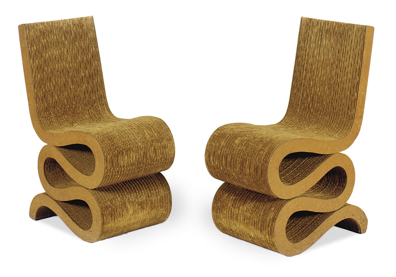 A PAIR OF CORRUGATED CARDBOARD AND MASONITE 'WIGGLE' CHAIRS,