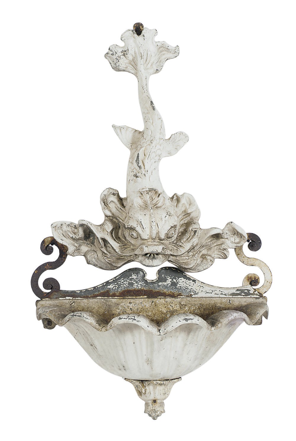 A WHITE PAINTED WROUGHT IRON 'DOLPHIN' GARDEN FOUNTAIN,