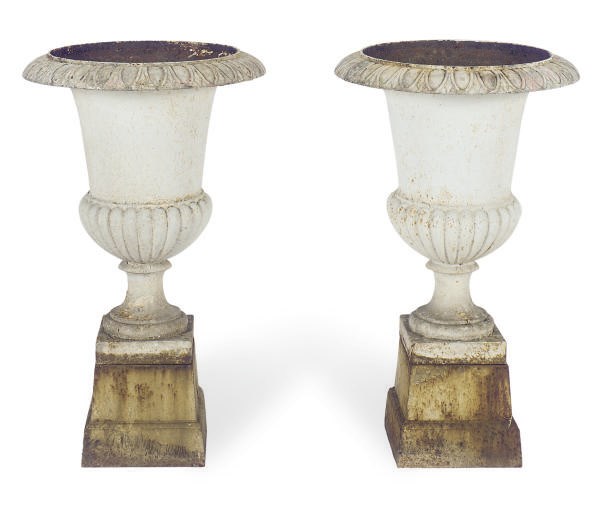 A PAIR OF WHITE-PAINTED IRON URNS,