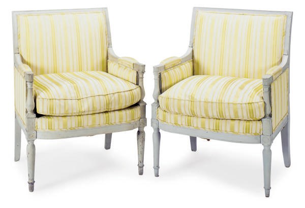 A PAIR OF DIRECTOIRE PAINTED AND UPHOLSTERED BERGERES,