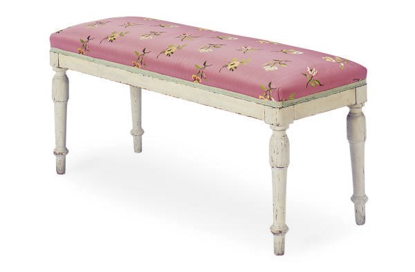 A CONTINENTAL PAINTED AND UPHOLSTERED BENCH,